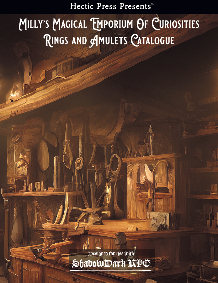 Cover of the Milly's Magical Emporium: Rings and Amulets book and link to the online marketplace to purchase it.